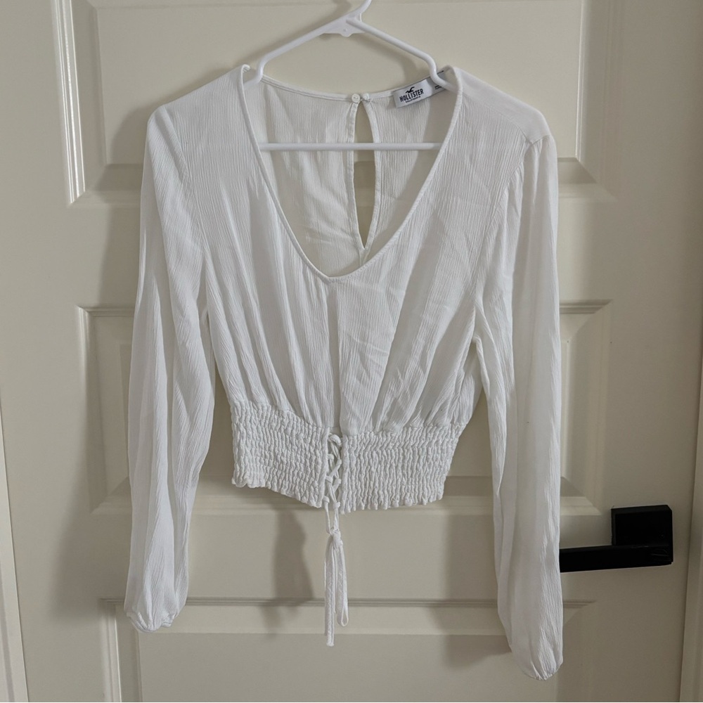 Hollister White V-Neck Smocked Waist Long Sleeve Top